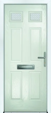 Portico Abdale composite front door in Cobble with Pesaro decorative glass, Bully Windows, South Wales