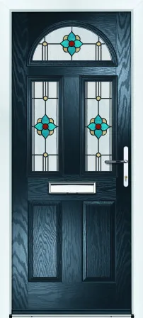 Portico Bolan composite front door in Anthracite with Lecce decorative glass, Bully Windows, South Wales