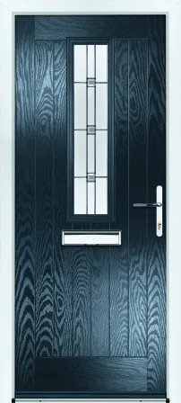Portico Gliston composite front door in Anthracite with Milan decorative glass, Bully Windows, South Wales