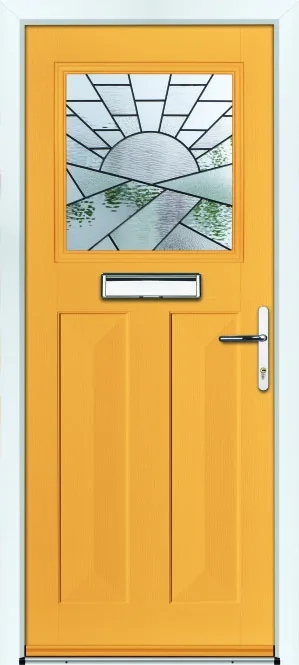 Portico Clyde composite front door in Oxlip with Art Deco decorative glass, Bully Windows, South Wales