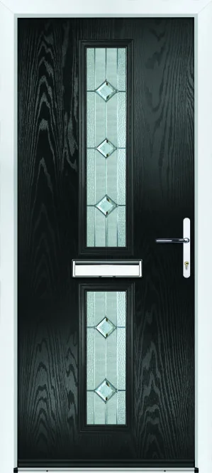 Portico Finley composite front door in Black with Venice decorative glass, Bully Windows, South Wales