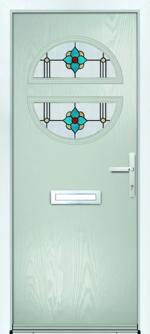 Portico Folly composite front door in Agate with Lecce decorative glass, Bully Windows, South Wales