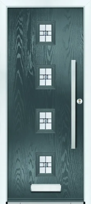 Portico Foxly composite front door in Slate Grey with Milan decorative glass, Bully Windows, South Wales