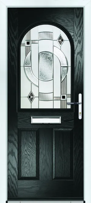 Portico Galston composite front door in Black with Modena decorative glass, Bully Windows, South Wales