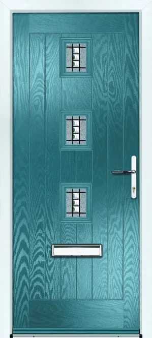 Portico Gibbs composite front door in Deep Saxe Blue with Massa decorative glass, Bully Windows, South Wales