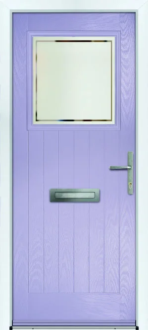 Portico Grove composite front door in Light Violet with Pavia decorative glass, Bully Windows, South Wales