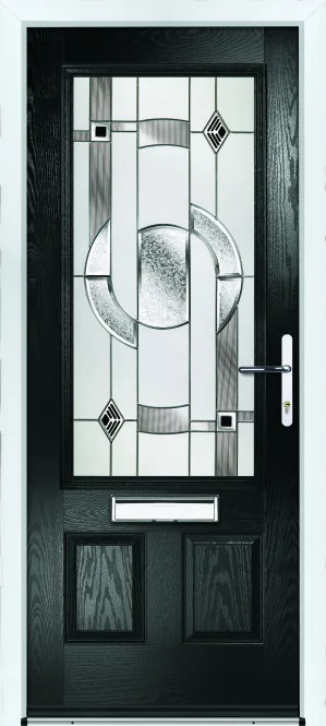 Portico Hanley composite front door in Black with Modena decorative glass, Bully Windows, South Wales