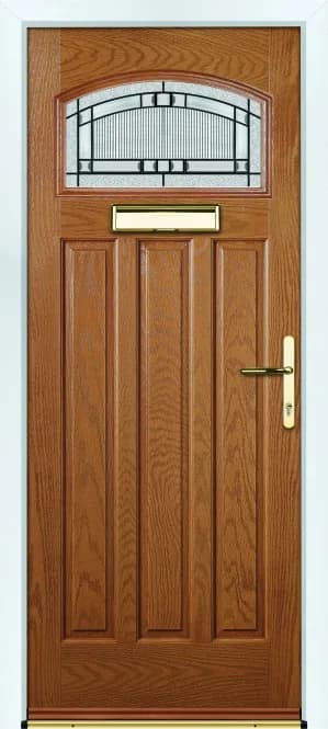 Portico Harlow composite front door in Oakwood with Massa decorative glass, Bully Windows, South Wales