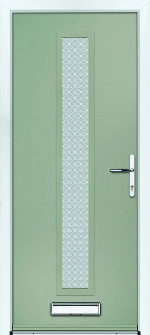 Portico Vassal composite front door in Neptune with Pesaro decorative glass, Bully Windows, South Wales